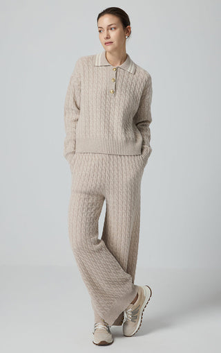 Camel wool cable-knit polo sweater and matching knit pants set, gold-button placket