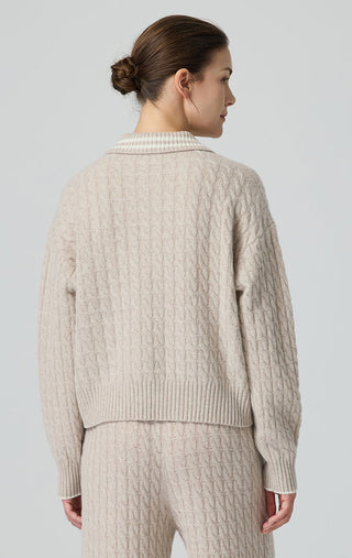 Camel wool cable-knit polo sweater, back view, ribbed hem and long sleeves