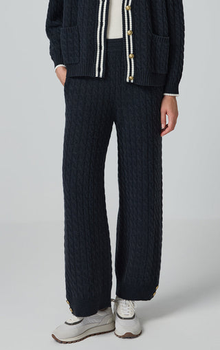 Graphite gray wool cable-knit pants with wide leg and ribbed cuffs.