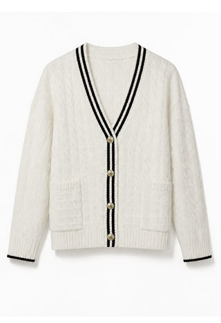 Ivory cardigan with black V-neck contrast trim, button placket, front pockets