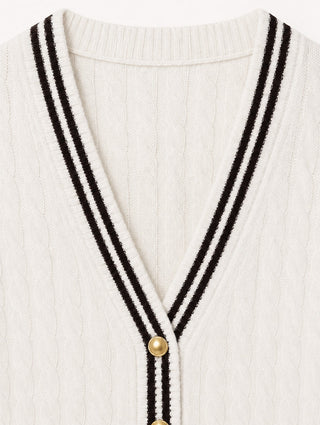 Ivory V-neck cardigan with black striped trim and gold button