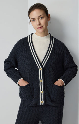 Wool Cable Knit Contrast Trim Cardigan