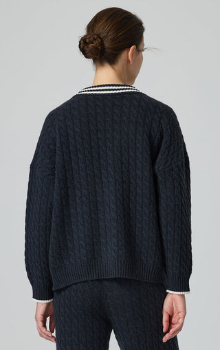 Back view dark graphite gray cable knit wool cardigan with contrast ribbed V collar