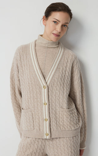 Camel wool cable knit cardigan with contrast V trim and gold button-front placket