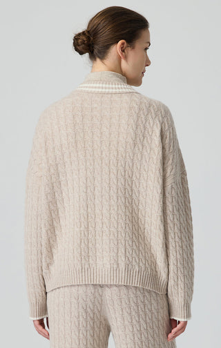 Back view camel cable knit wool cardigan with textured knit and ribbed hem