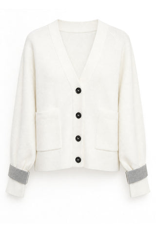 White V-neck button cardigan with ribbed cuffs and gray trim, wool knit, black buttons