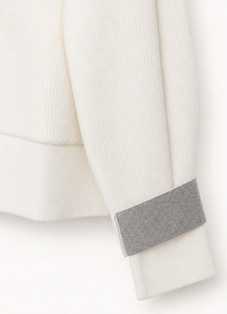 White wool cardigan sleeve with ribbed cuffs and gray contrast trim