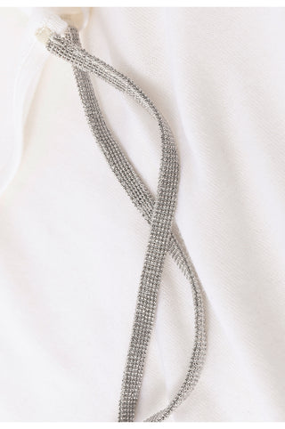 Beaded back detail on wool V-neck sweater with silver-toned bead trim