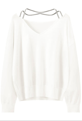Fine wool V-neck sweater back view with V-shaped open neckline