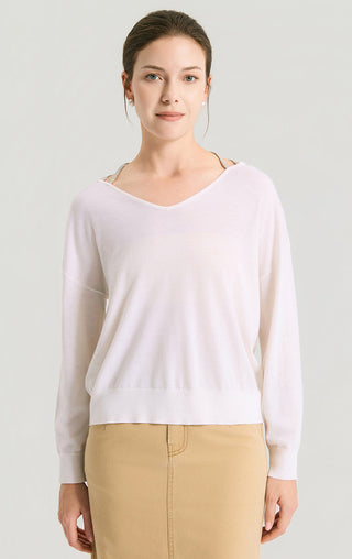 Fine Wool V-Neck Sweater With Beaded Back Detail - serathinan 