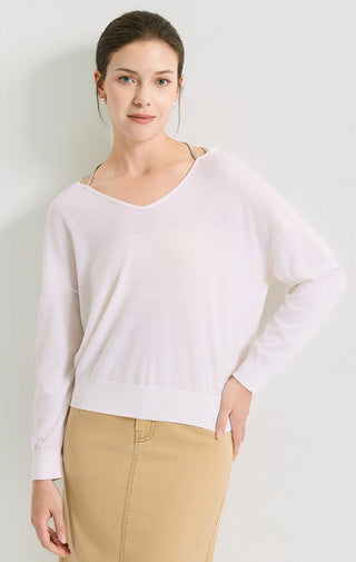 Fine Wool V-Neck Sweater With Beaded Back Detail - serathinan 