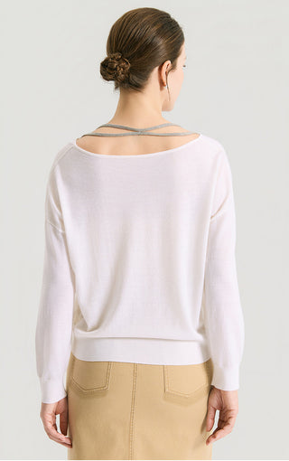 Fine Wool V-Neck Sweater With Beaded Back Detail - serathinan 