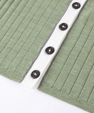 Olive green ribbed cardigan detail: white placket trim with dark button front