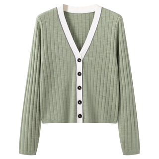 Olive green ribbed wool-silk cardigan with V-neck and white-trim button placket