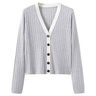 Light gray ribbed knit cardigan, V-neck with button placket and dark beaded buttons