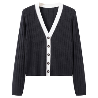 Graphite gray ribbed cardigan with V-neck, contrast trim, and dark beaded buttons
