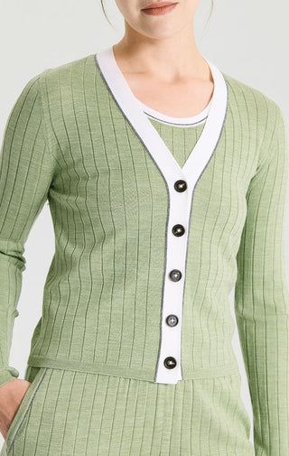 Wool Silk Ribbed Beaded V-Neck Cardigan - serathinan 