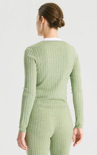 Wool Silk Ribbed Beaded V-Neck Cardigan - serathinan 