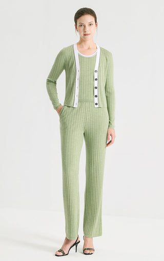 Wool Silk Ribbed Beaded V-Neck Cardigan - serathinan 