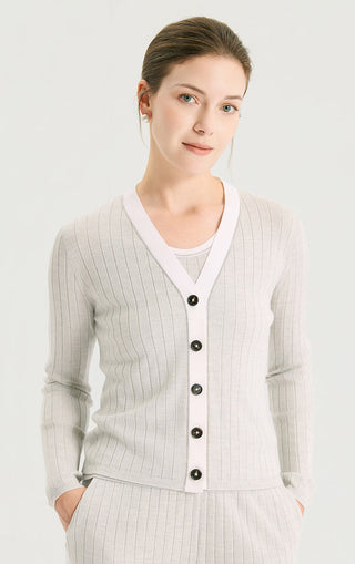 Wool Silk Ribbed Beaded V-Neck Cardigan - serathinan 