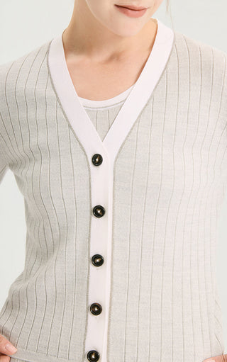 Wool Silk Ribbed Beaded V-Neck Cardigan - serathinan 