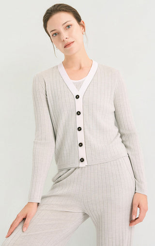 Wool Silk Ribbed Beaded V-Neck Cardigan - serathinan 