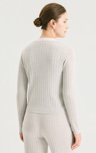 Wool Silk Ribbed Beaded V-Neck Cardigan - serathinan 