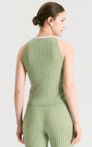Wool Silk Fine Rib Knit Tank Top with Contrast Tipped Neckline - serathinan 