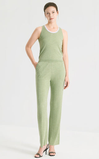 Wool Silk Fine Rib Knit Tank Top with Contrast Tipped Neckline - serathinan 