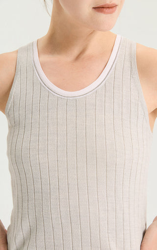 Wool Silk Fine Rib Knit Tank Top with Contrast Tipped Neckline - serathinan 