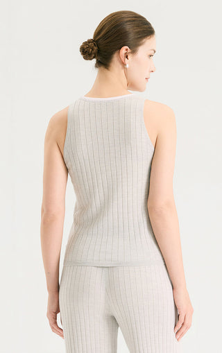 Wool Silk Fine Rib Knit Tank Top with Contrast Tipped Neckline - serathinan 