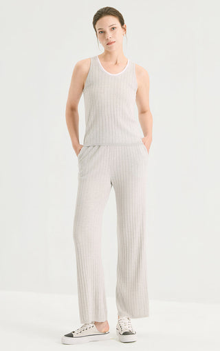 Wool Silk Fine Rib Knit Tank Top with Contrast Tipped Neckline - serathinan 