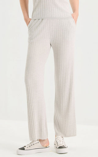 Light gray fine rib knit straight-leg trousers with banded waistband and relaxed drape.