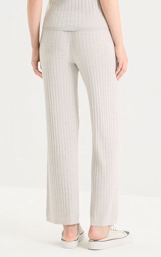 Light gray rib knit straight-leg pants with straight silhouette and ribbed texture.