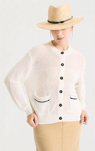 Ivory-white linen-textured knit cardigan with button front and two chest pockets