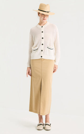 Ivory-white linen-textured knit cardigan with button front and chest pockets