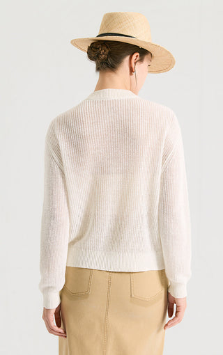 Ivory-white linen-textured knit cardigan back view with smooth ribbed hem