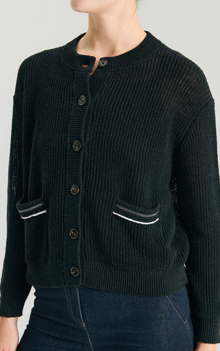 Black knit cardigan close-up: button front, crew neck, and contrast-trimmed pockets