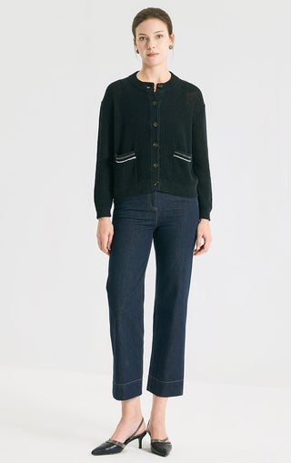 Black linen-textured knit cardigan with long sleeves and button-front closure