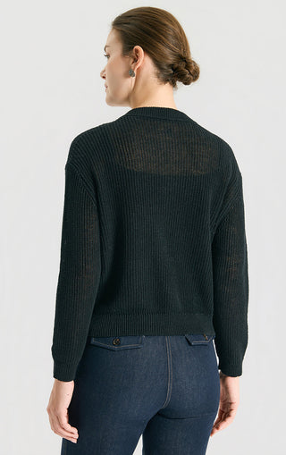 Black linen-textured knit cardigan from back view, buttonless back yoke detail