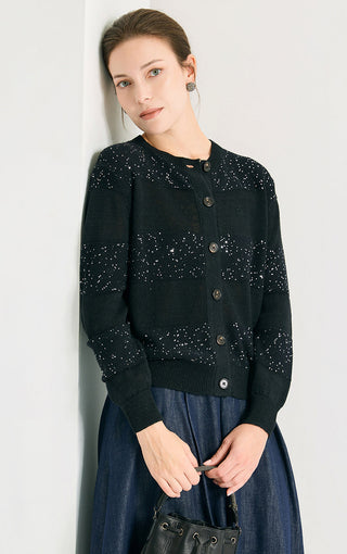 Black sequin-striped knit cardigan, ribbed cuffs and button front