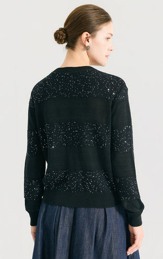 Black sequin-striped knit cardigan back view with ribbed hem and long sleeves