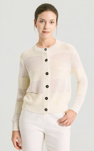 Ivory white sequin-striped linen knit cardigan with button front and ribbed collar