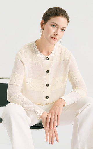 Ivory white sequin-striped knit cardigan with crew neckline and black buttons