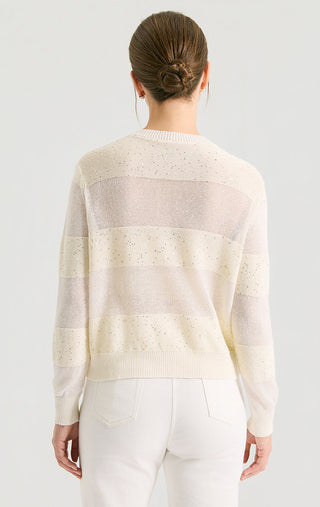 Ivory sequin-striped knit cardigan back view with ribbed hem and long sleeves