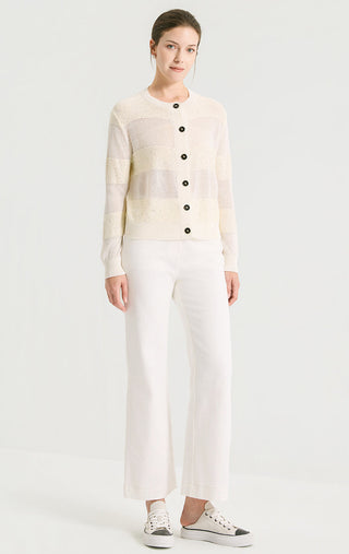 Ivory white sequin-striped linen knit cardigan with button front and wide-leg pants