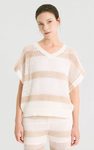 White open-knit V-neck top with sequined horizontal stripe bands and short sleeves