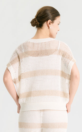 Back view of white open-knit V-neck top with tan horizontal sequined stripe