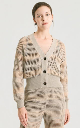 Camel open-knit sequin stripe cropped cardigan, V-neck and dark button front