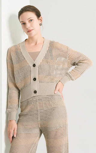 Camel V-neck open-knit sequin stripe cropped cardigan with button front and ribbed hem